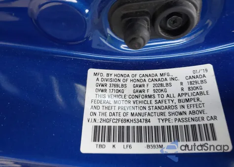 2019 Honda Civic Lx from USA, damaged, VIN 2HGFC2F69KH534784
